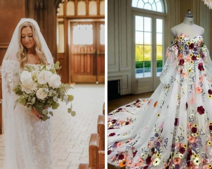 wedding dress and flowers
