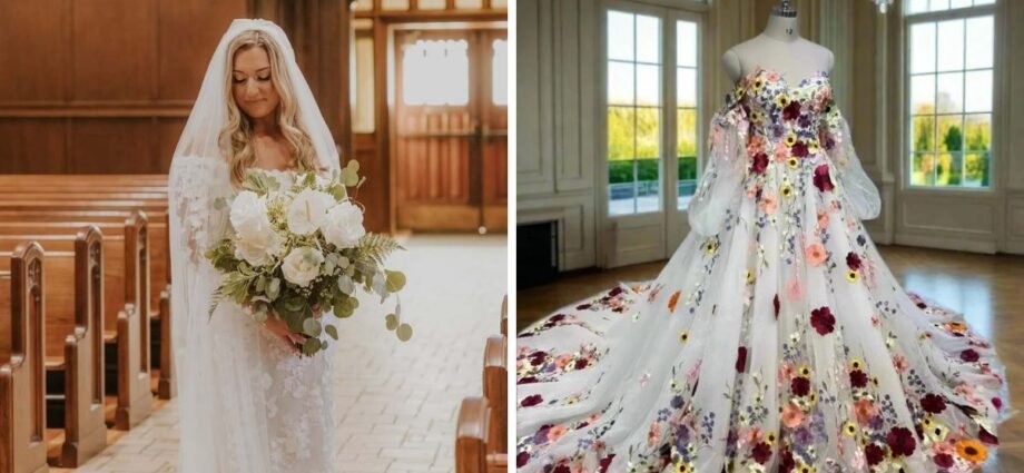 wedding dress and flowers